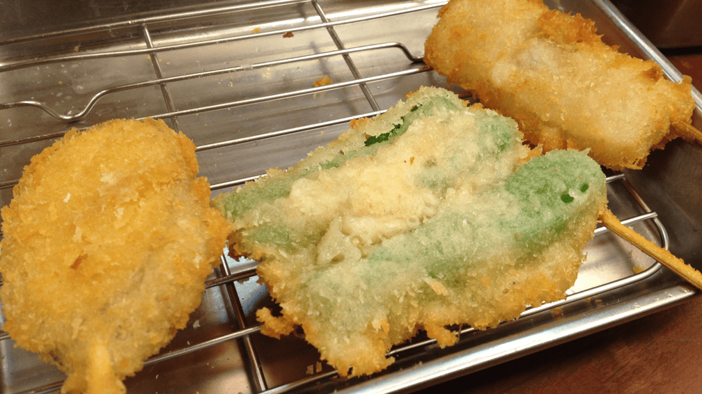 Kushikatsu, deep fried goodies, found in Shinsekai
