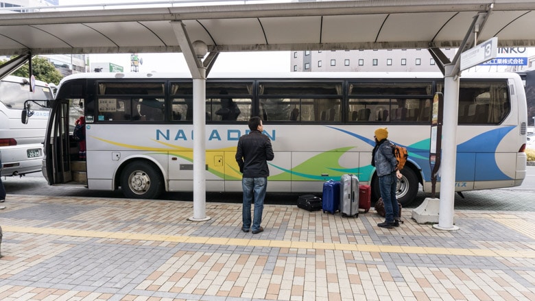 Nagaden bus outside Nagano Station headed towards Shiga Kogen