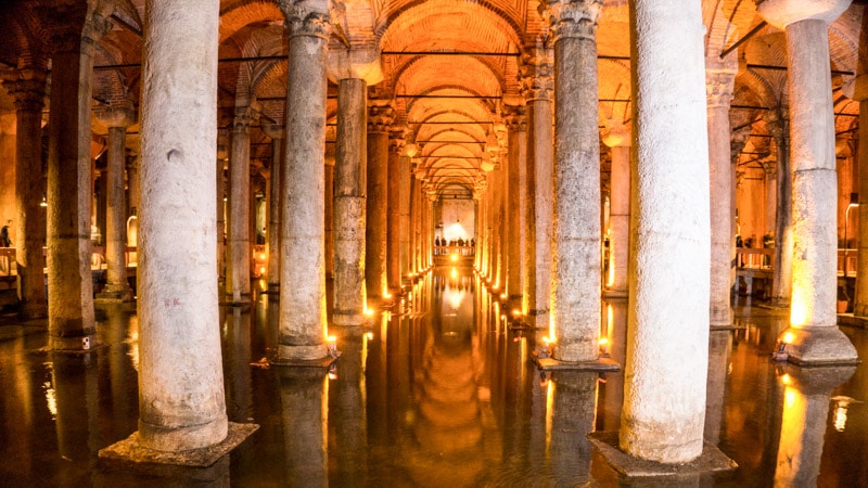 The dark and damp Basilica Cistern, Istanbul, Turkey