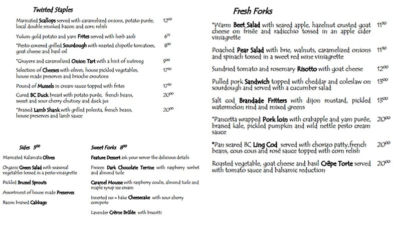 Twisted Fork menu, Vancouver
