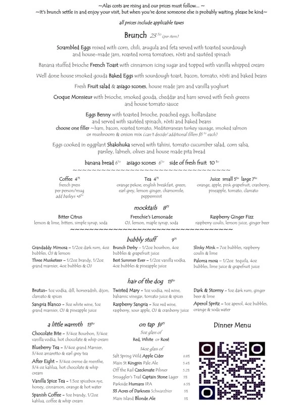 The Brunch Menu at Twisted Fork, Vancouver, Canada