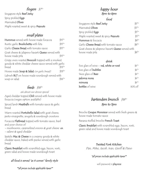 The Dinner Menu including Happy Hour and Bartender's Brunch specials