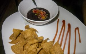 Complementary bean dip with chips, La Parrilla de Maria Bonita