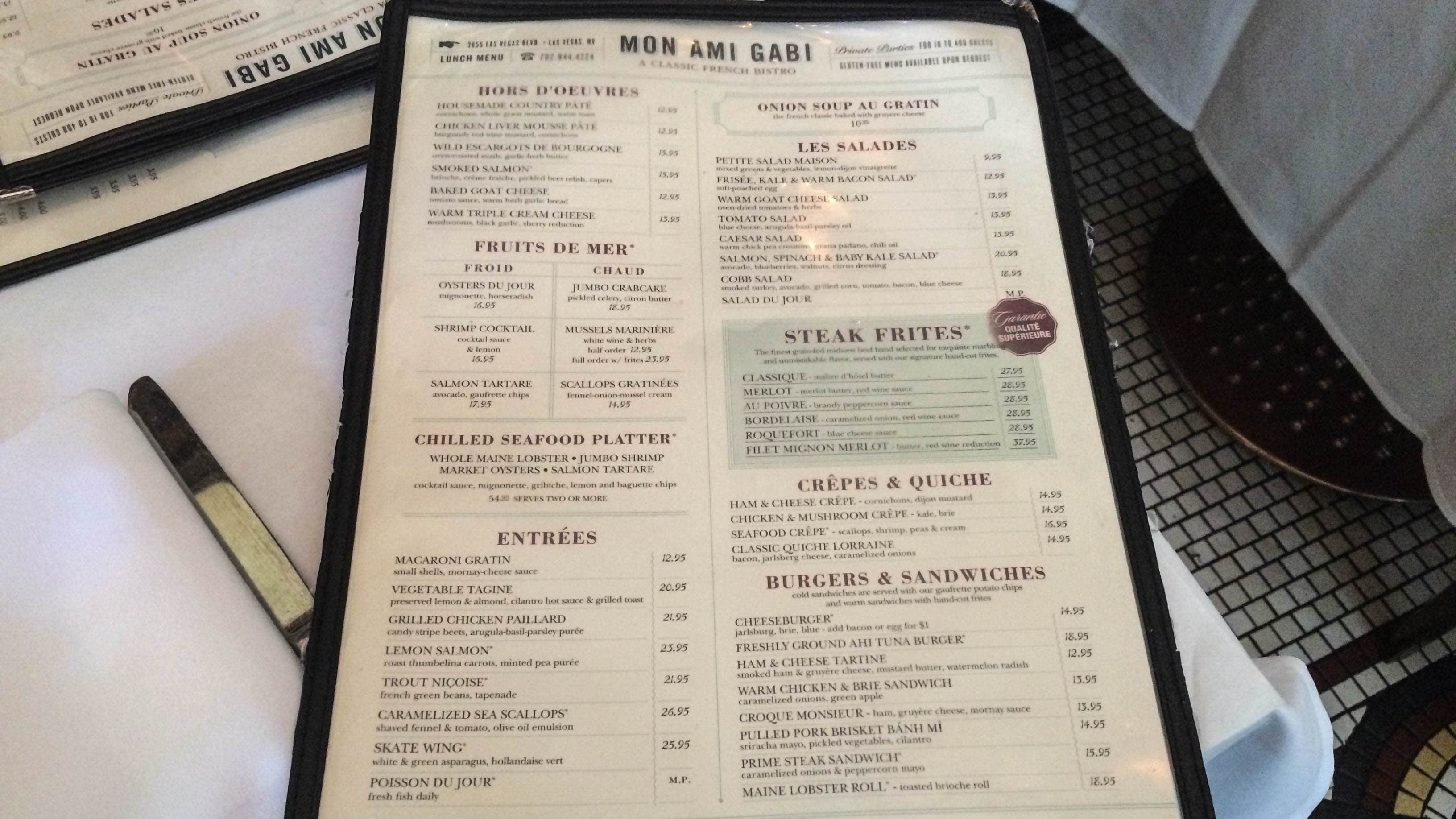 Mon Ami Gabi Las Vegas menu