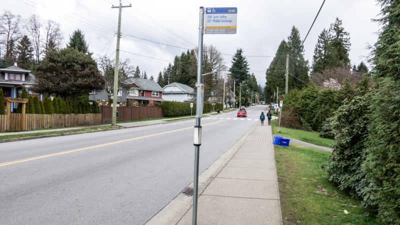 Exit the bus at stop 54185 for Lynn Valley Rd at Peters Rd