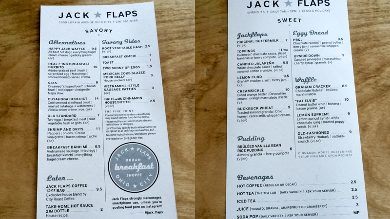 Side by side views of the sweet and savory menu at Jack Flaps