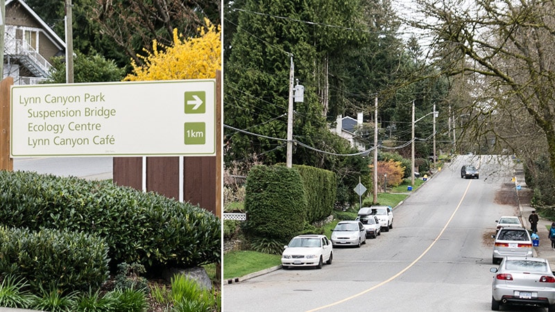 Follow the sign, and the street, to arrive at the entrance of Lynn Canyon Park