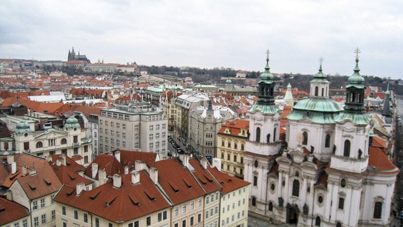 The rooftops of Prague with the Prague Castle in the background