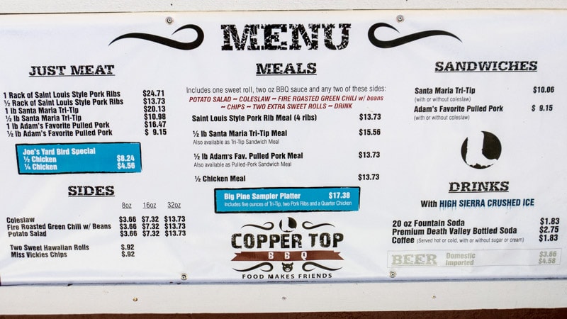 Copper Top BBQ menu