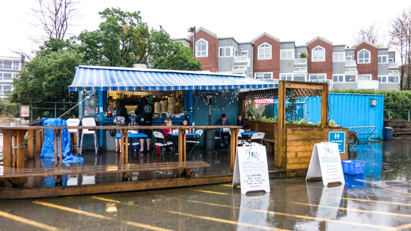 Go Fish Ocean Emporium, a small seafood shack on a rainy day in Vancouver, Canada