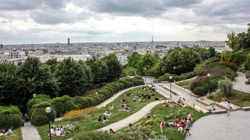 Parc de Belleville on a summer day with views of the city of Paris