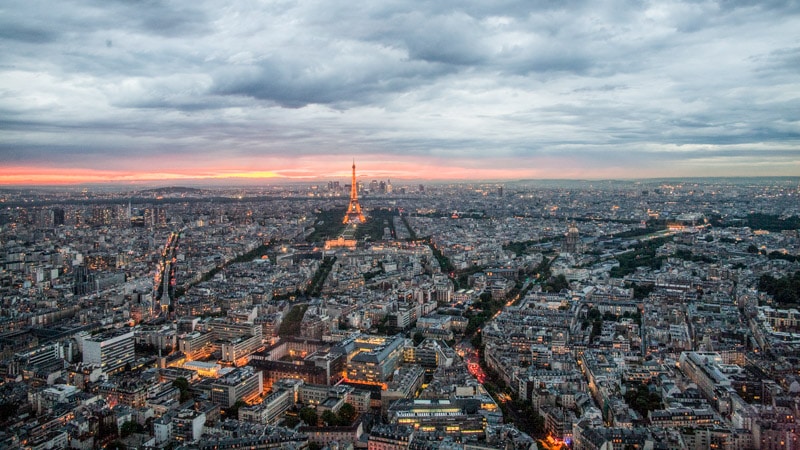 Sunset, and the Eiffel Tower, viewed from the Ciel de Paris restaurant high atop Tour Montparnasse
