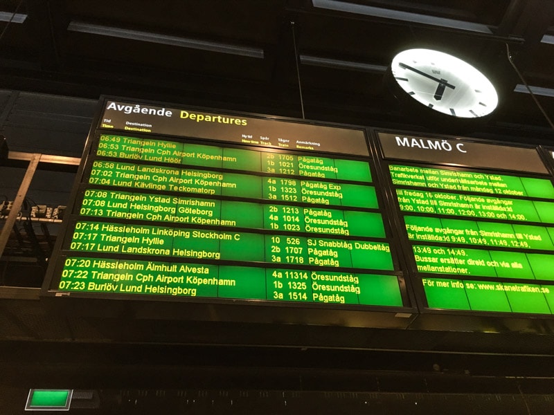 Train information board at Malmö Central Station