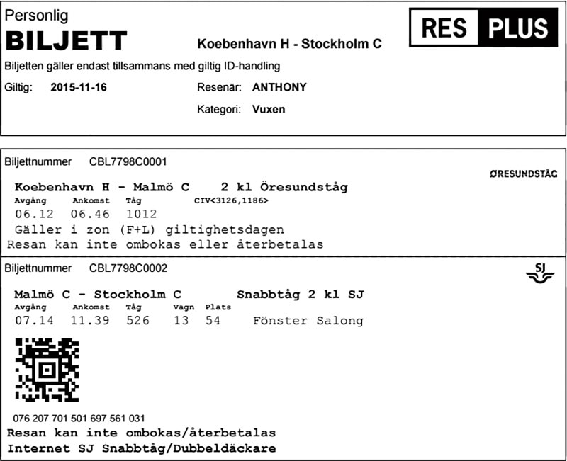 Day 4, Part 1: SJ train from Copenhagen to Stockholm