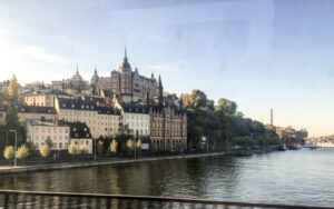 The view out the window of the train arriving in Stockholm