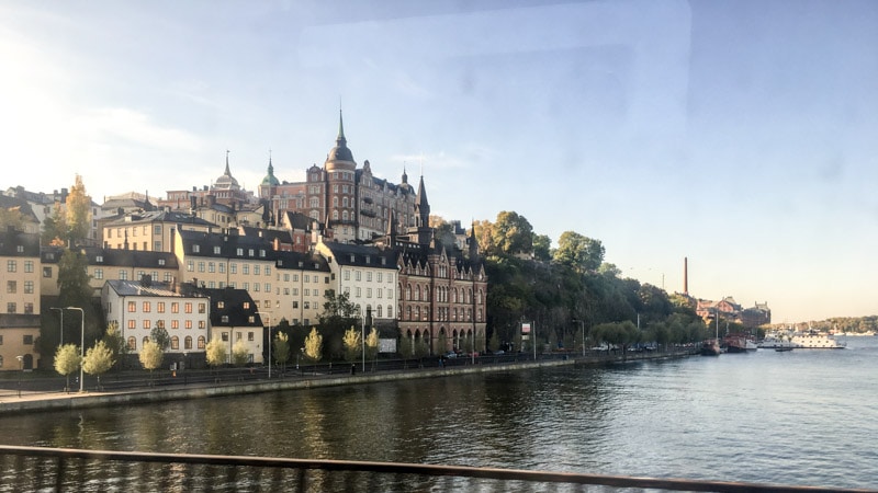 The view out the window of the train arriving in Stockholm