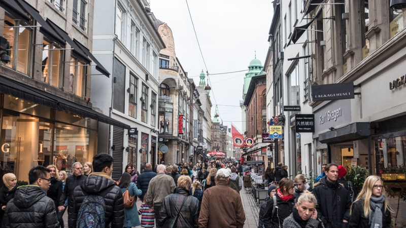 Strolling along the Strøget, a popular pedestrian only shopping street