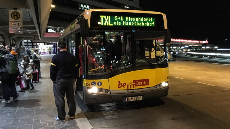 TXL Bus stopped at Berlin Tegel Airport on its way to Berlin Hauptbahnhof and Alexanderplatz