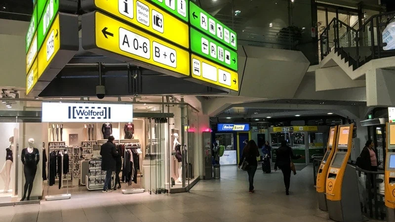 Follow the signs to the right for the bus and the exit towards Terminal D