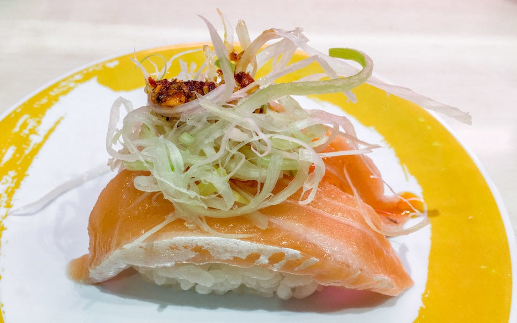 The beautifully plated, Salmon with Green Onion & Chili Oil, Genki Sushi, Tokyo, Japan