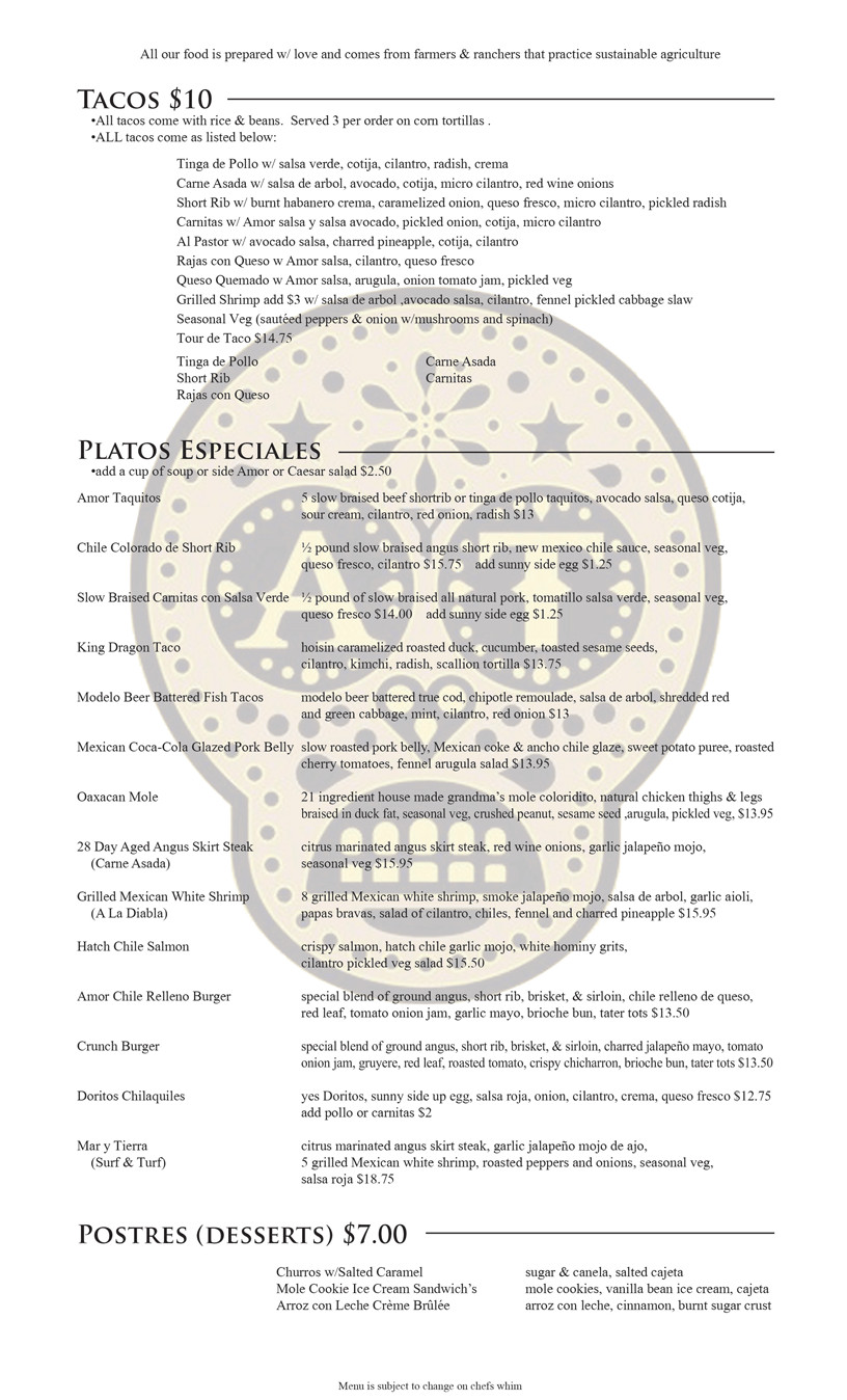 Amor Y Tacos menu (page 1 of 2)