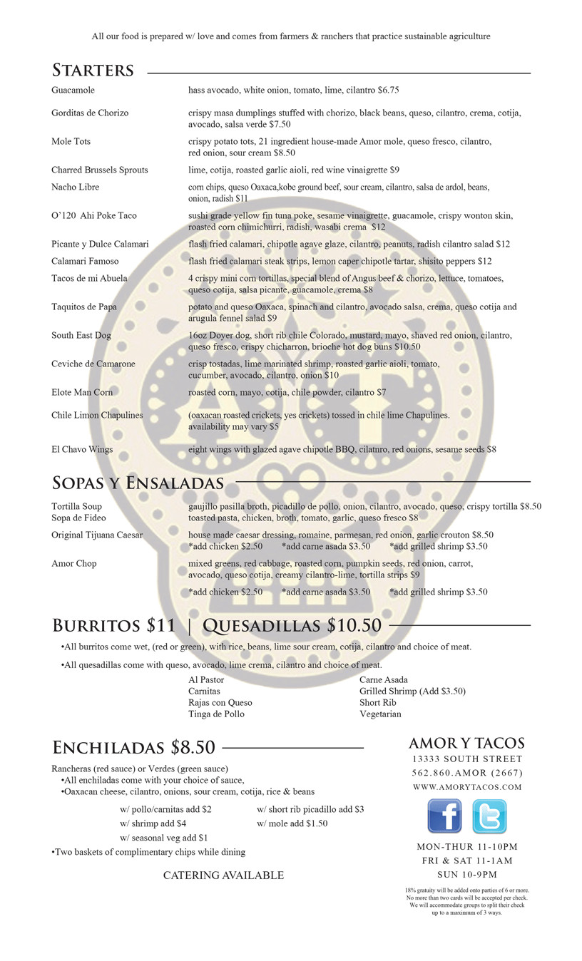 Amor Y Tacos menu (page 1 of 2)