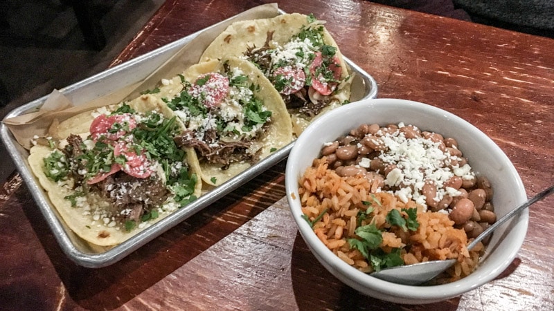 Short rib tacos with a side of rice and beans, Amor Y Tacos