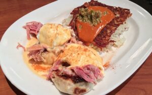 House made English muffins along with house cured pulled ham