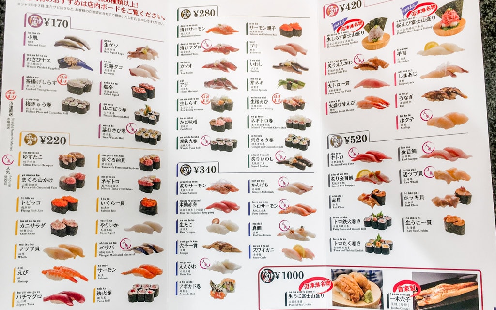 The sushi menu at Numazuko Shinjuku Honten, Tokyo, Japan