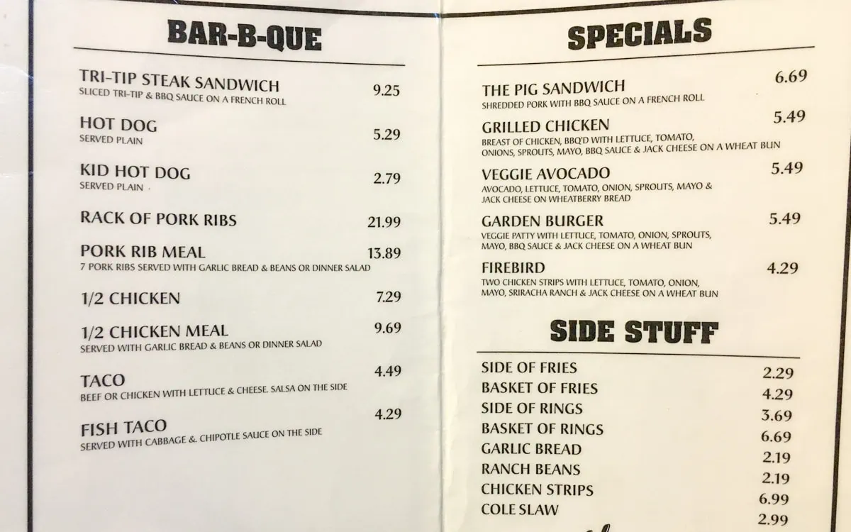 The first page of the Firestone Grill menu, San Luis Obispo, California