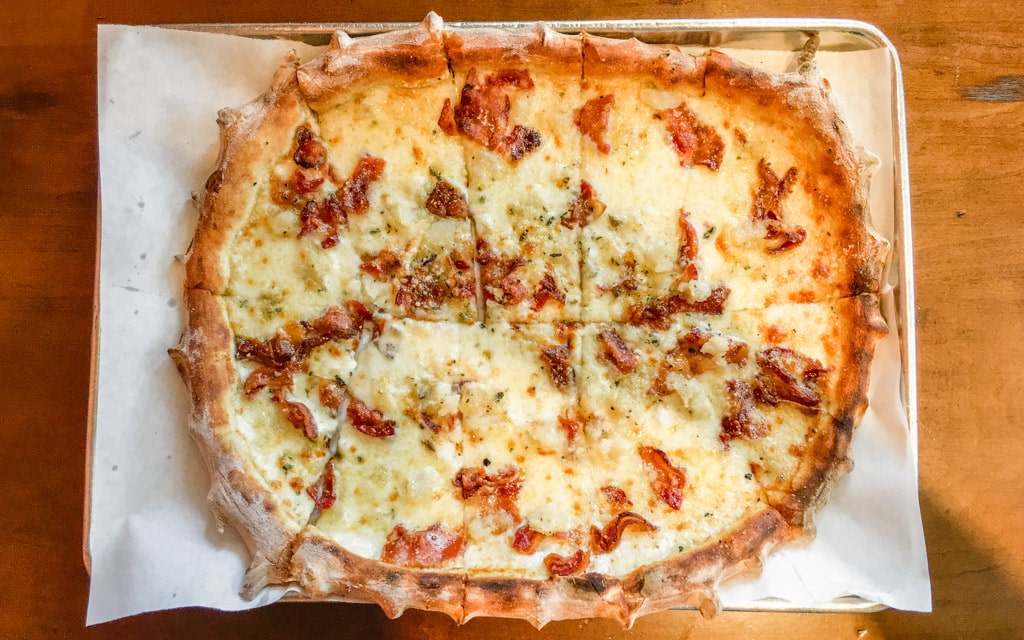 The Mashed Pizza with white sauce, mashed potatoes, and bacon, Basic Urban Kitchen and Bar, San Diego, California