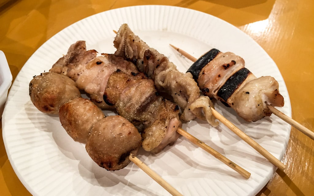 An assortment of yakitori, or skewered chicken