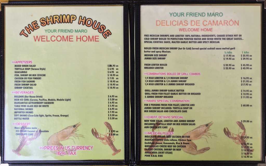 The menu at Maro's Shrimp House