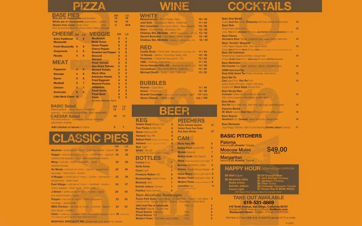 Basic Bar & Pizza Menu, San Diego, California