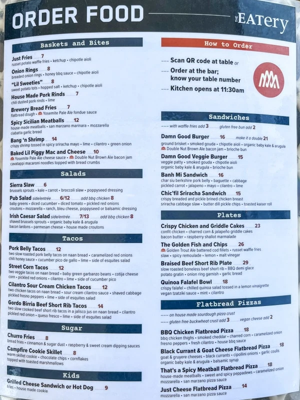 The menu at The EATery, Mammoth Lakes Brewing Company