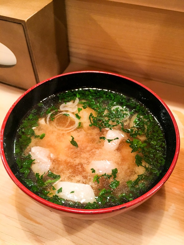Miso soup packed with pieces of pork