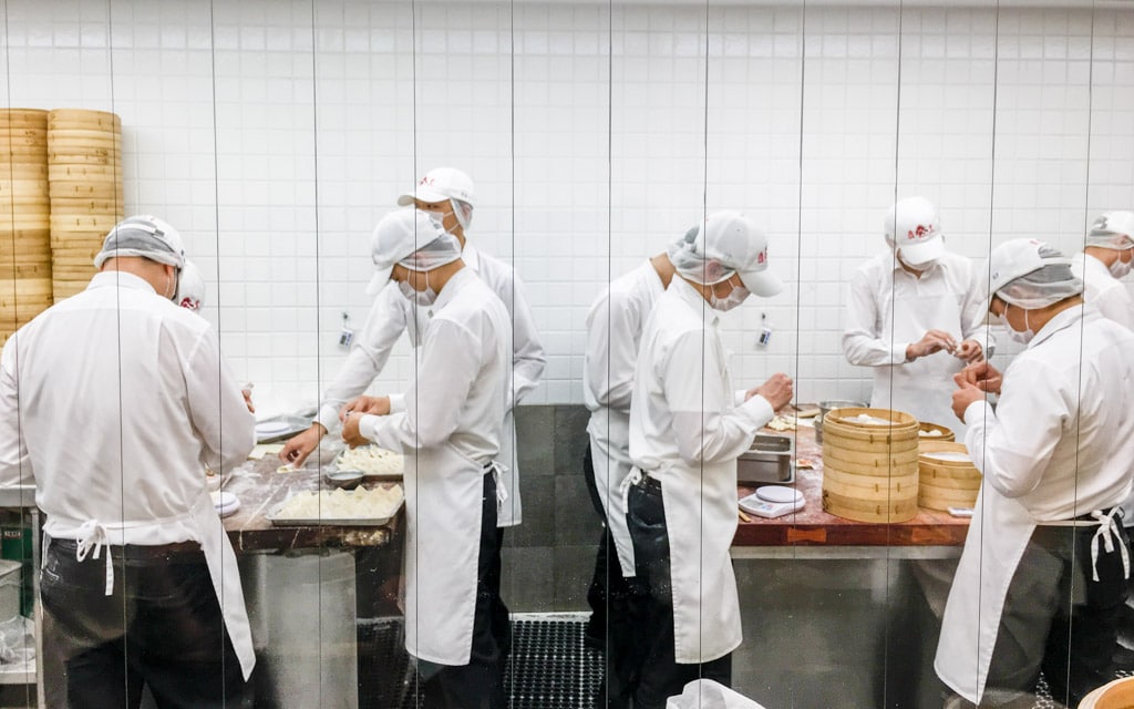 Busy workers making thousands of dumplings a day, Din Tai Fung, Taipei, Taiwan