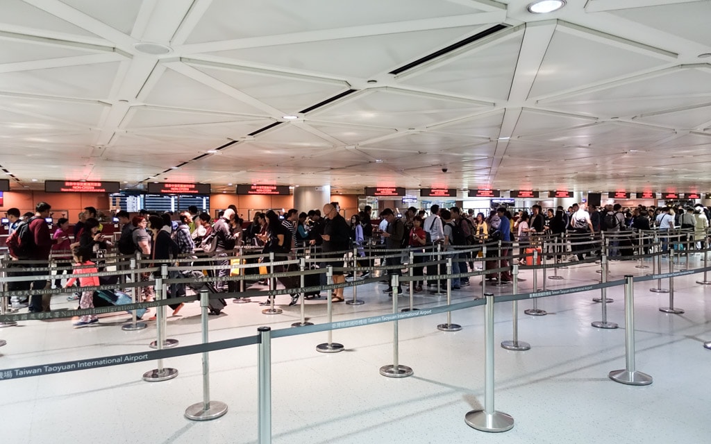 The line to clear immigration at Taoyuan International Airport, Taiwan