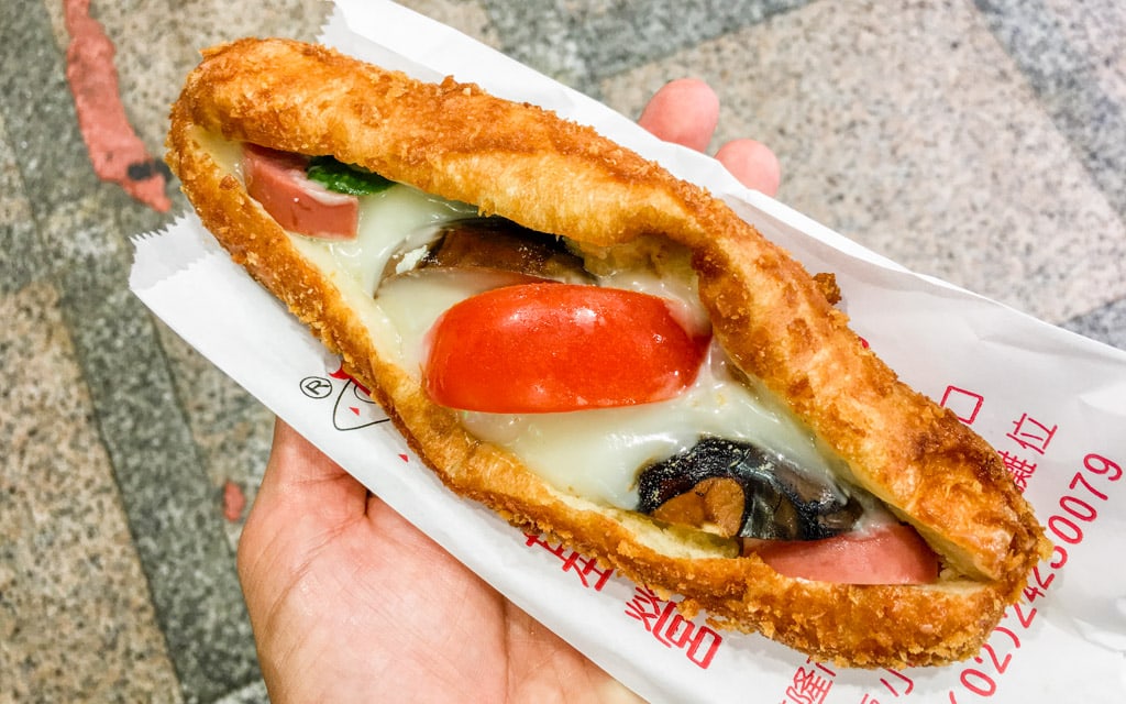 The Nutritious Sandwich, one of the oddest things I have ever eaten, Keelung Miaokou Night Market just outside Taipei, Taiwan