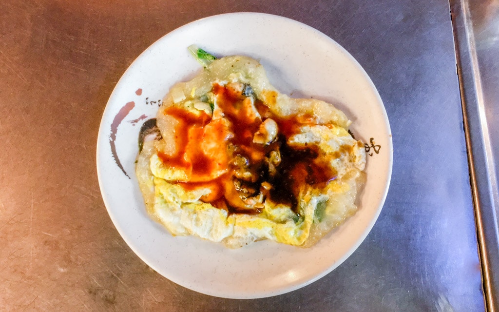 The ubiquitous oyster omelette, Keelung Miaokou Night Market just outside Taipei, Taiwan