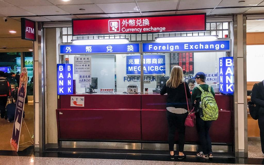 Foreign currency exchange counters found inside arrivals hall of Terminal 2, Taoyuan International Airport, Taiwan