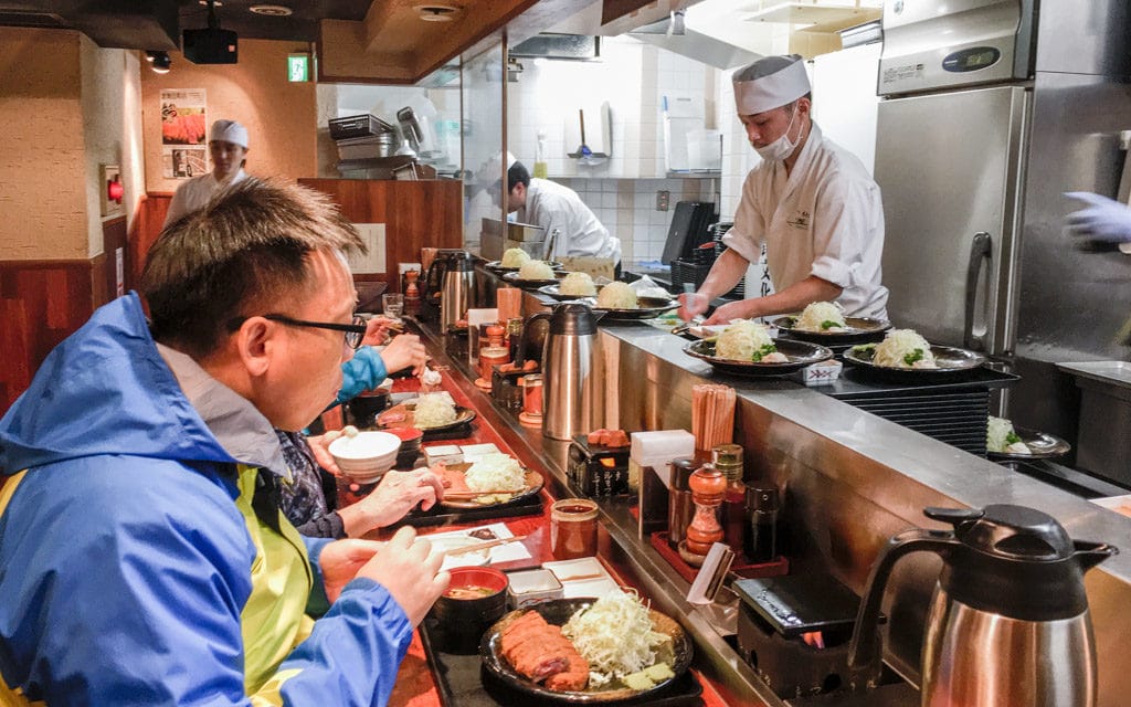 The interior of the small restaurant, Gyukatsu Motomura Shinjuku Minamiguchi, Tokyo, Japan