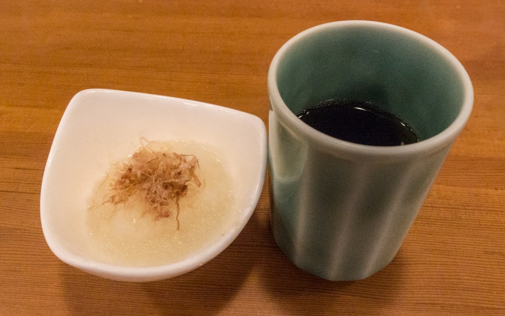 Complementary roasted tea and Japanese grated radish