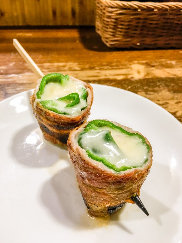 Green Peppers Stuffed with Cheese (Chi-Zupi)...and wrapped with bacon, Kushiwakamaru Honten, Tokyo, Japan