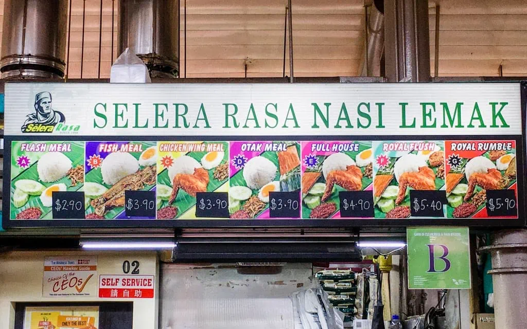 The menu at Selera Rasa Nasi Lemak, Adam Road Food Centre, Singapore