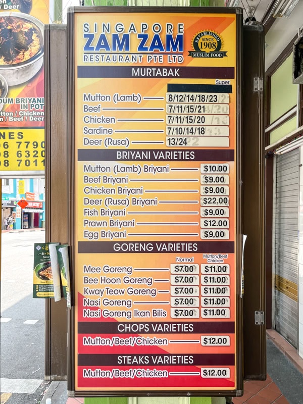 The Singapore Zam Zam menu as seen in 2026