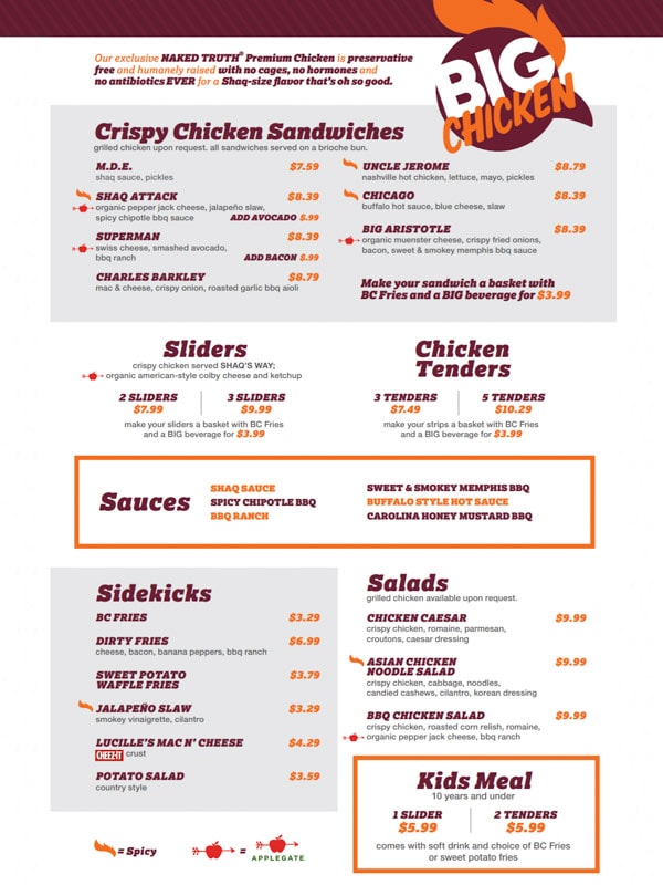 The menu at Big Chicken