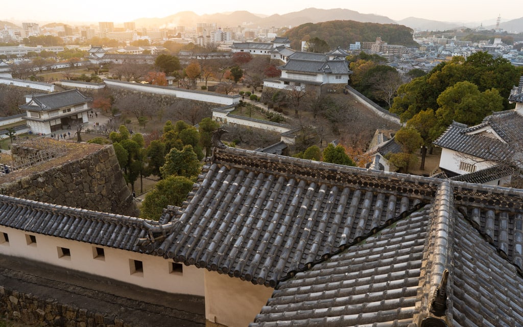 Himeji Castle walls at sunset