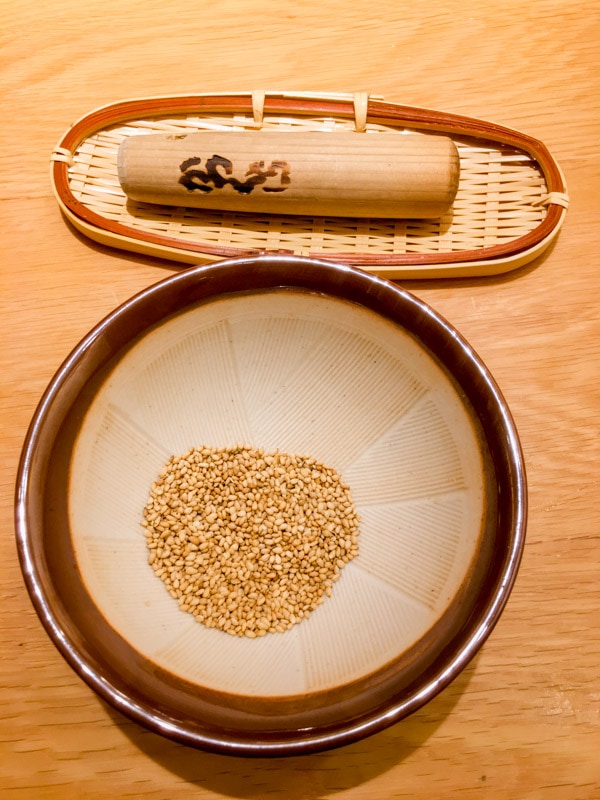 Mortar and pestle along with sesame seeds, Katsukura, Kyoto, Japan