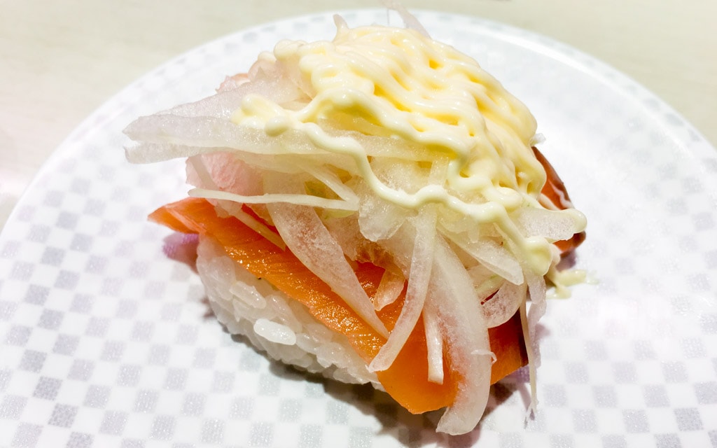 Salmon with Onion & Mayo, Uobei Shibuya Dogenzaka, Tokyo, Japan
